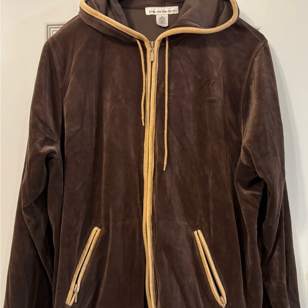 JONES NEW YORK SPORT CHOCOLATE BROWN VELOUR ZIP HOODED TOP PLUS SIZE 2X